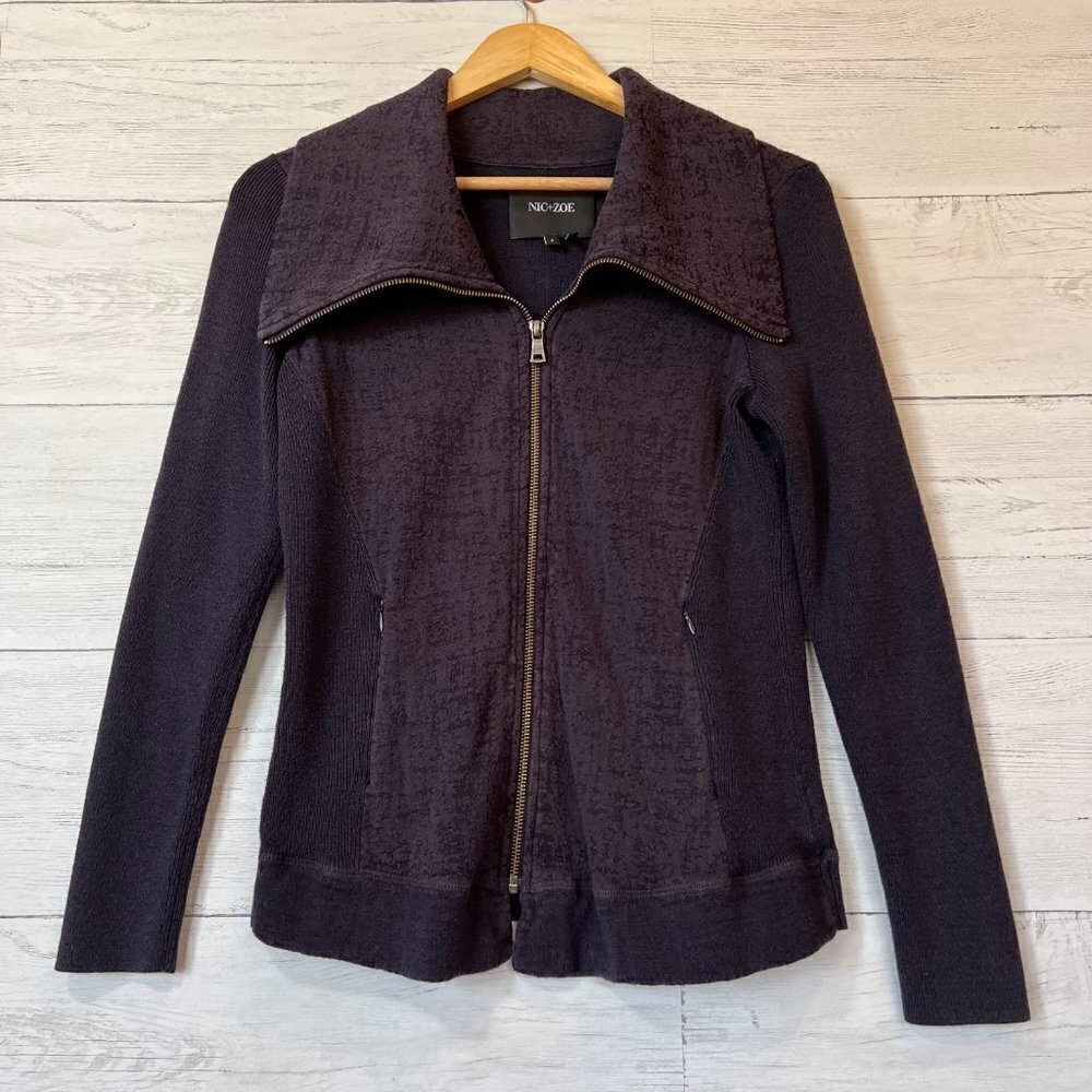 Nic + Zoe Jacket Womens Size Small Plum Knit Moto Cardigan Zipper Mixed Media